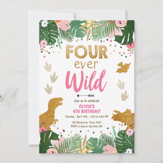 フォーエバーワイルドディノガールピンクディゾロウ誕生日 招待状 (正面)