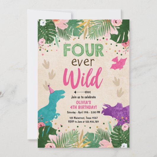 フォーエバーワイルドディノガールピンク恐竜誕生日 招待状 (正面)