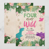 フォーエバーワイルドディノガールピンク恐竜誕生日 招待状 (正面/裏面)