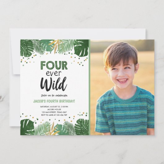 フォーエバーワイルドトロピカルサファリボーイ金ゴールド誕生日 招待状 (正面)