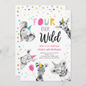 フォーエバーワイルドパーティーアニマルズサファリガール誕生日 招待状 (正面/裏面)