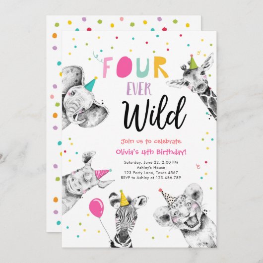 フォーエバーワイルドパーティーアニマルズサファリガール誕生日 招待状 (正面/裏面)