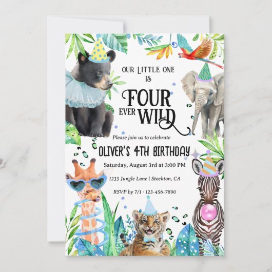 フォーエバーワイルドヒョウのサファリ動物4歳の誕生日 招待状 (正面)