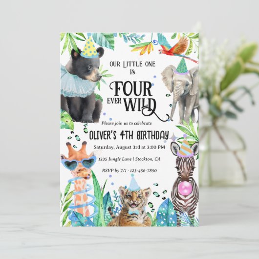 フォーエバーワイルドヒョウのサファリ動物4歳の誕生日 招待状 (スタンド正面)