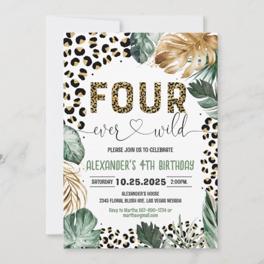 フォーエバーワイルドヒョウ印刷ジャングル誕生日 招待状 (正面)
