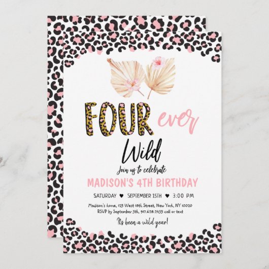 フォーエバーワイルドヒョウ印刷ピンク金ゴールド誕生日 招待状 (正面/裏面)