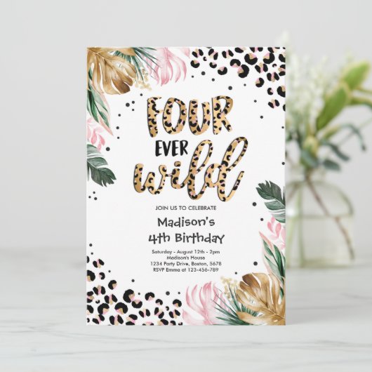 フォーエバーワイルドヒョウ印刷4th誕生日パーティー 招待状 (スタンド正面)