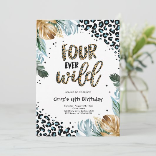 フォーエバーワイルドボーイジャングルヒョウ印刷誕生日 招待状 (スタンド正面)