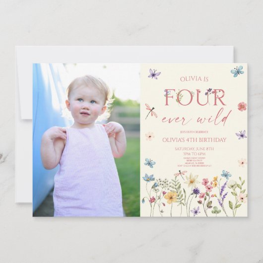 フォーエバーワイルド ワイルドフラワー フォト 4歳 誕生日パーティー 招待状 (正面)