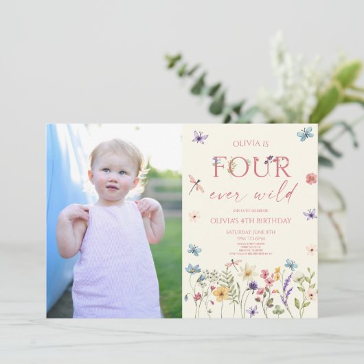 フォーエバーワイルド ワイルドフラワー フォト 4歳 誕生日パーティー 招待状 (スタンド正面)