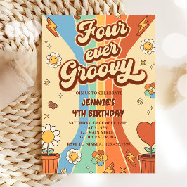 フォーエバー・グルービー・レトロ・レインボー 4歳の誕生日 招待状