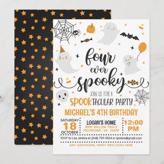 フォーエバー スプーキーバースデー インビテーション - ブラック/オレンジ (正面/裏面)