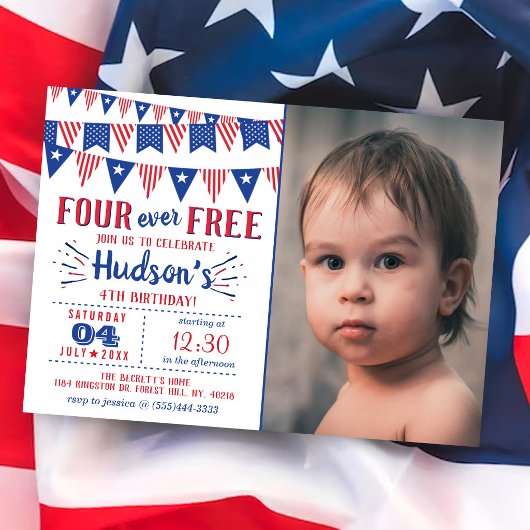 フォーエバー・フリー!7月4日 アメリカ独立記念日 4歳の誕生日パーティー 招待状