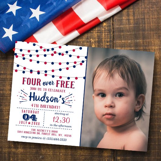 フォーエバー・フリー!7月4日 アメリカ独立記念日 4歳 誕生日パーティー 招待状