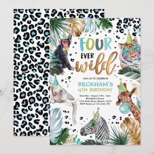 フォーエバー ワイルド サファリ アニマルズ 4歳男子誕生日 招待状 (正面/裏面)