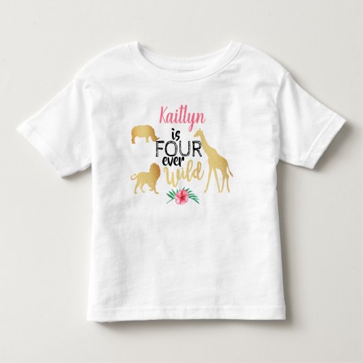 フォーエバー ワイルド ジャングル サファリ ガールズの4歳の誕生日 トドラーTシャツ (正面)
