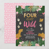 フォーエバー ワイルド ディノ ガール ピンク 恐竜 誕生日 招待状 (正面/裏面)