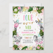 フォーエバー ワイルド 4歳の誕生日 サファリ 動物パーティー 招待状 (正面)