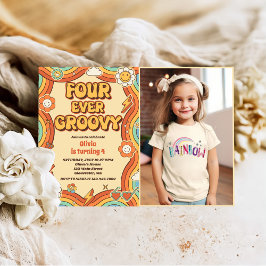 フォーエバーGroovyレトロレインボー4thバースデーフォト 招待状