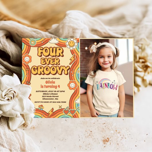 フォーエバーGroovyレトロレインボー4thバースデーフォト 招待状