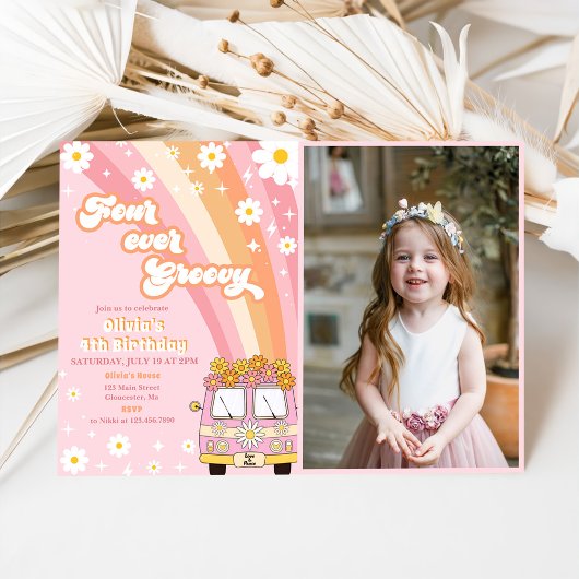 フォーエバーGroovyレトロレインボー4thバースデーフォト 招待状