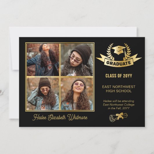 フォーエレガントフォトブラック | 金ゴールド卒業 案内状 (正面)