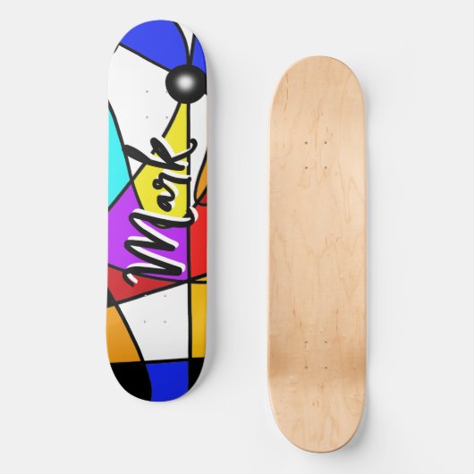 フォーカス – はっきりしたカラフル抽象デザイン スケートボード (正面)