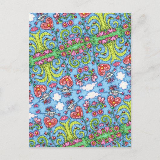 フォークお洒落アートバードバレンタインハートガーデン シーズンポストカード (正面)