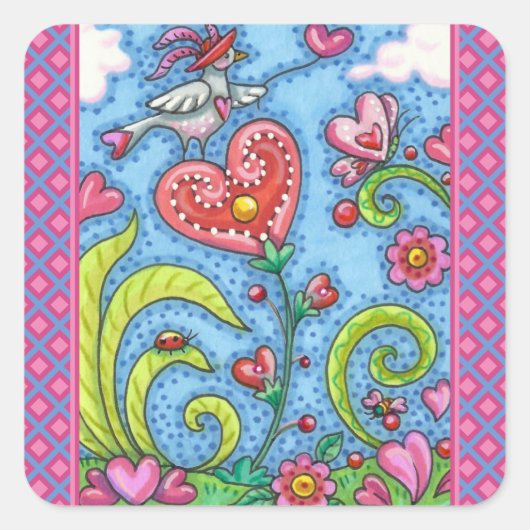 フォークお洒落アートバードバレンタインハートガーデン スクエアシール (正面)