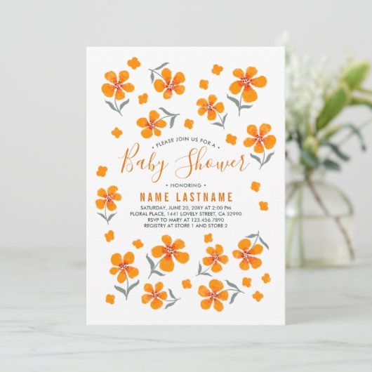 フォークかわいらしオレンジ色の花ホワイトガールベビーシャワー 招待状 (スタンド正面)