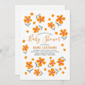 フォークかわいらしオレンジ色の花ホワイトガールベビーシャワー 招待状 (正面/裏面)