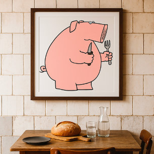 フォークとナイフを持つお腹すいたパンダの面白い絵 ポスター