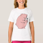 フォークとナイフを持つお腹をすかせた面白い豚 Tシャツ (正面)