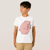 フォークとナイフを持つお腹を空かせた面白い豚 Tシャツ (正面フル)