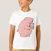 フォークとナイフを持つお腹を空かせた面白い豚 Tシャツ (正面)