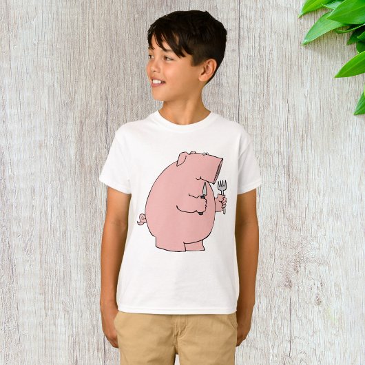 フォークとナイフを持つお腹を空かせた面白い豚 Tシャツ