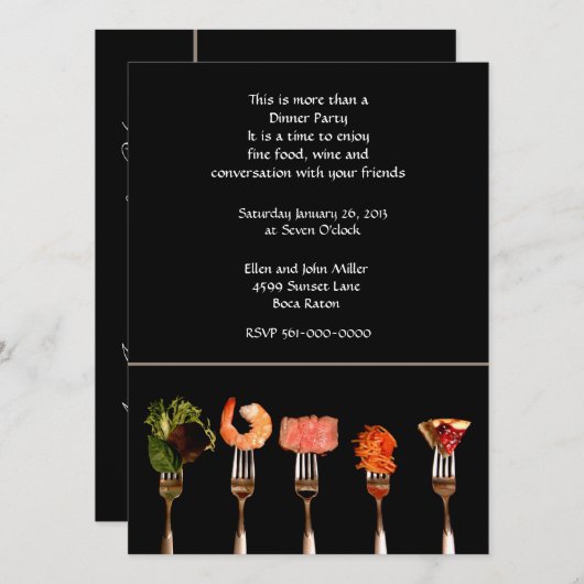 フォークに載せた現代風の食事のディナーパーティー招待状 招待状 (正面/裏面)