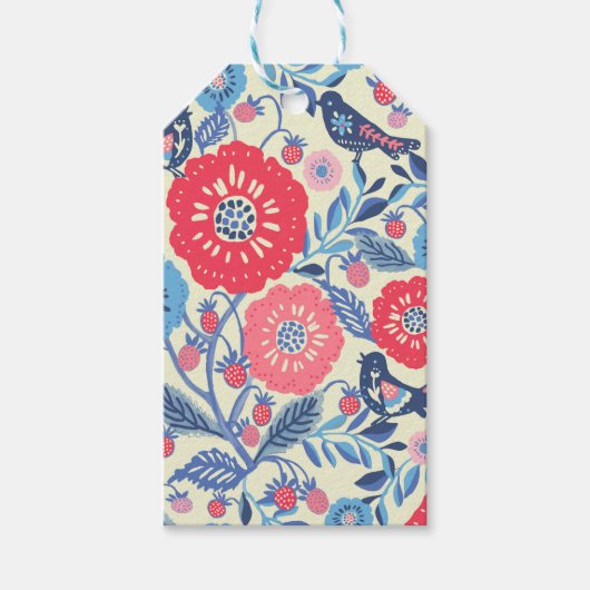 フォークの鳥、イチゴと花のプリント ギフトタグ (正面)