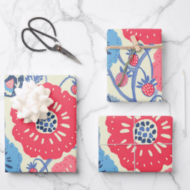 フォークの鳥、イチゴと花のプリント ラッピングペーパーシート