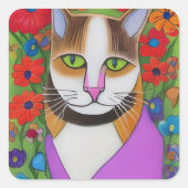 フォークアおもしろいートキャッカラフルト花 スクエアシール (正面)