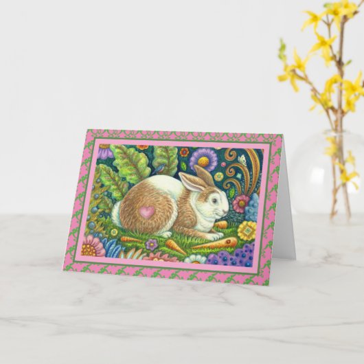 フォークアートうさぎ、ブルーバード、シークレットガーデン空白の カード (黄色い花)