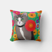 フォークアートお洒落スタイルキティ猫と花 クッション (正面)