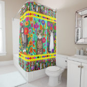 フォークアートお洒落スタイルキャットアンドフラワーズ シャワーカーテン (インサイチュ)