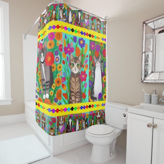 フォークアートお洒落スタイルキャットアンドフラワーズ シャワーカーテン (インサイチュ)