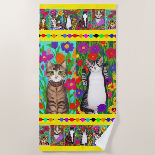 フォークアートお洒落スタイルキャットアンドフラワーズ ビーチタオル (正面)