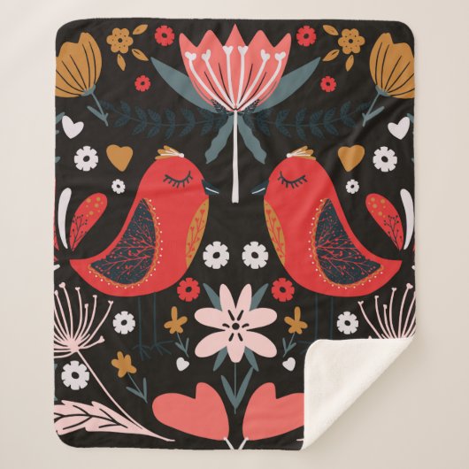 フォークアートのスカンジナビアカラフルの花模様 シェルパブランケット (正面)