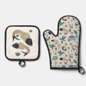 フォークアートのミットとフィッシュアートのポットホルダー 鍋つかみ&鍋敷きセット (正面)