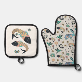 フォークアートのミットとフィッシュアートのポットホルダー 鍋つかみ&鍋敷きセット