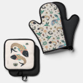 フォークアートのミットとフィッシュアートのポットホルダー 鍋つかみ&鍋敷きセット (正面/裏面)