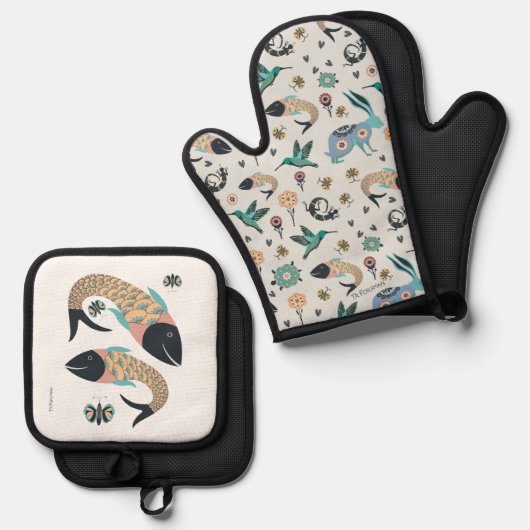 フォークアートのミットとフィッシュアートのポットホルダー 鍋つかみ&鍋敷きセット (正面/裏面)